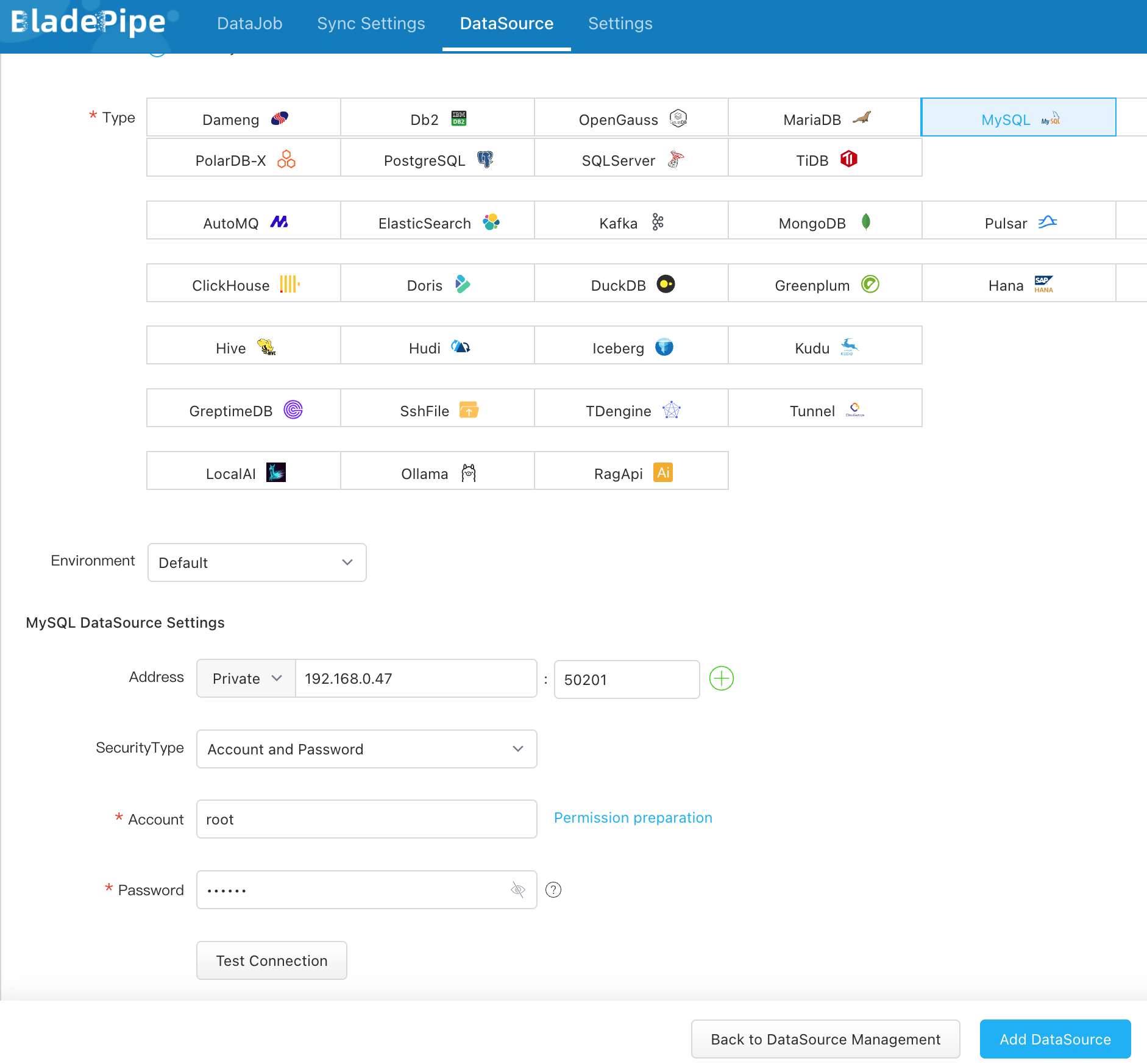 Добавление MySQL в качестве источника