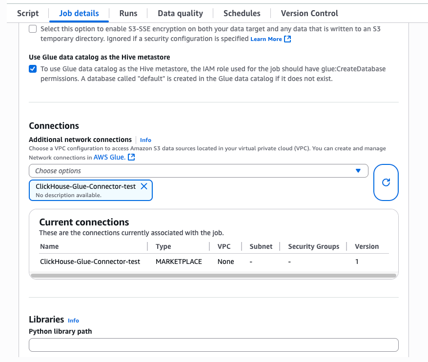 Конфигурация подключений Glue Notebook