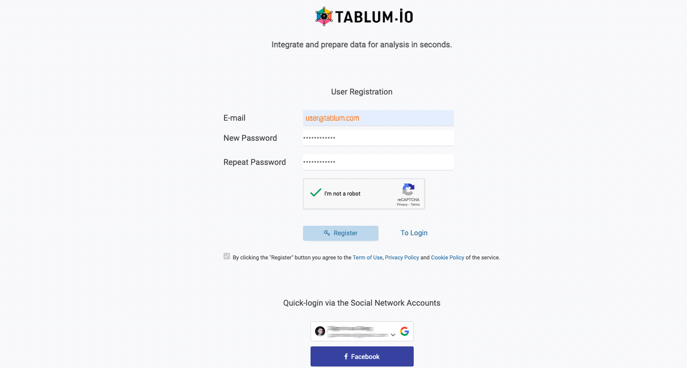 Страница входа в TABLUM.IO
