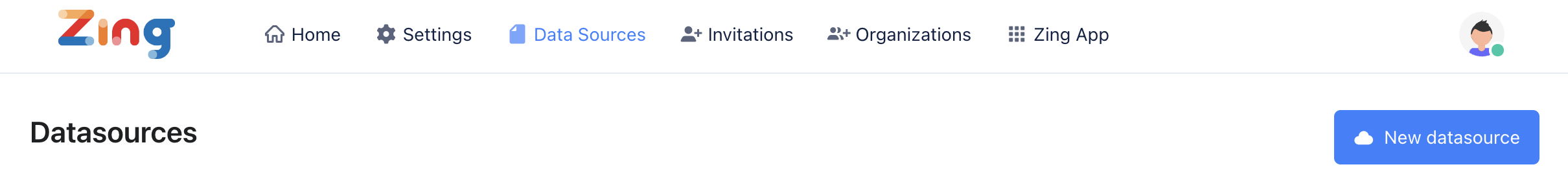 Интерфейс Zing Data с кнопкой New Datasource и вариантом ClickHouse в раскрывающемся меню